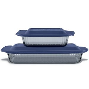 Pyrex® Colors Sculpted Tinted 4-piece Baking Set with Plastic Lids. Smoke